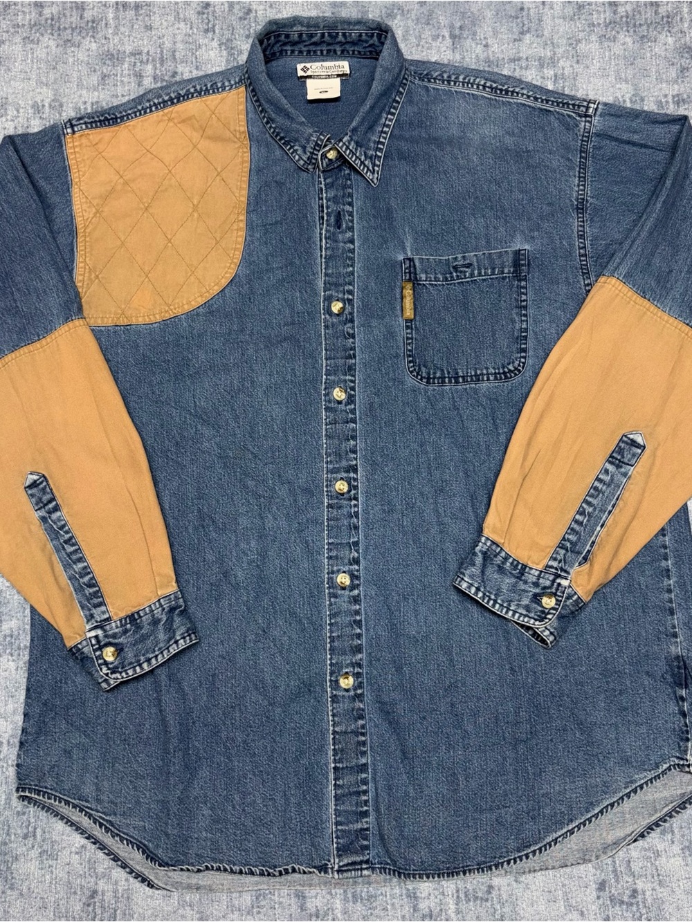 Columbia Vintage Shooting Hunting Denim Tan Quilted Button Up Shirt Men's XL